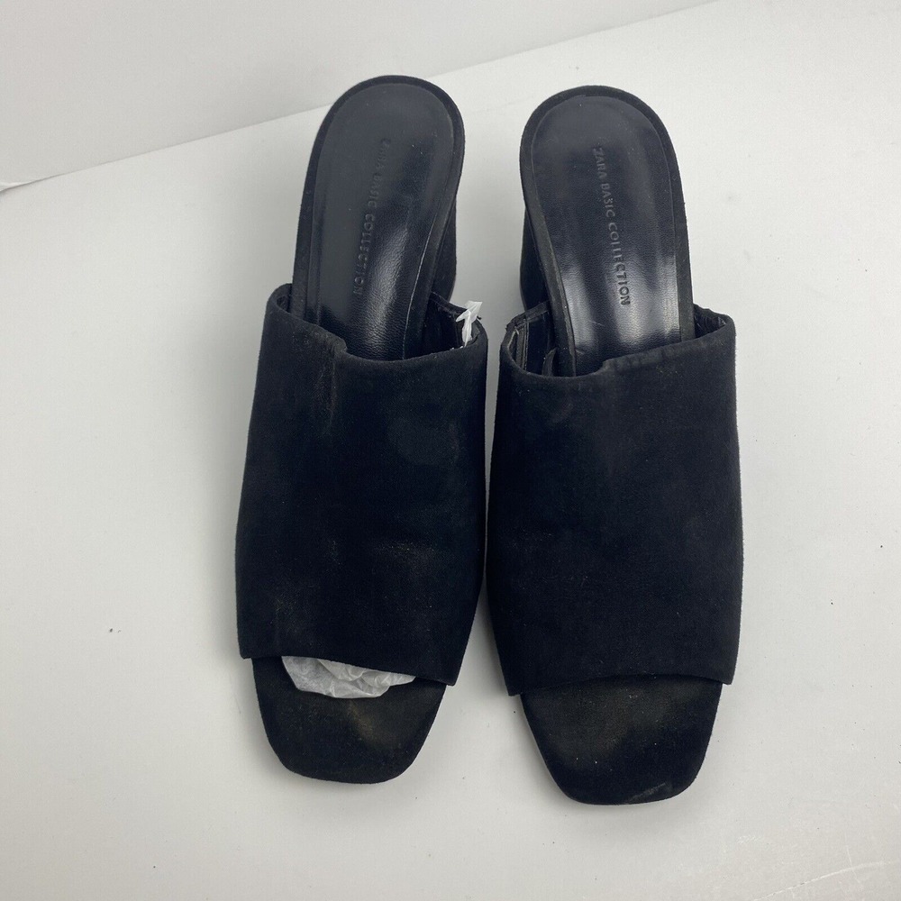 Zara Women's Size 38‎ Chunky Heel Mules Peep Toe Black Suede Y2K Minimalistic - Picture 3 of 10
